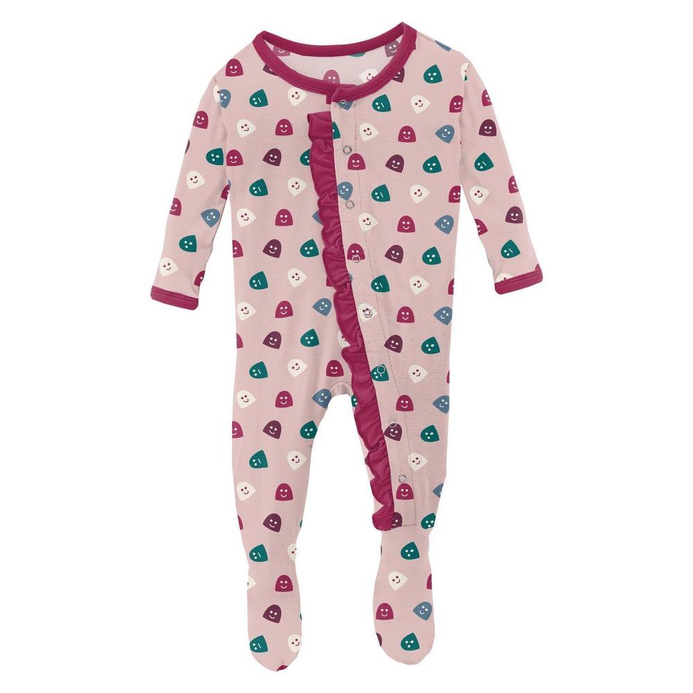 NEW KICKEE kids' ruffle footie with snaps in baby rose happy gumdrops